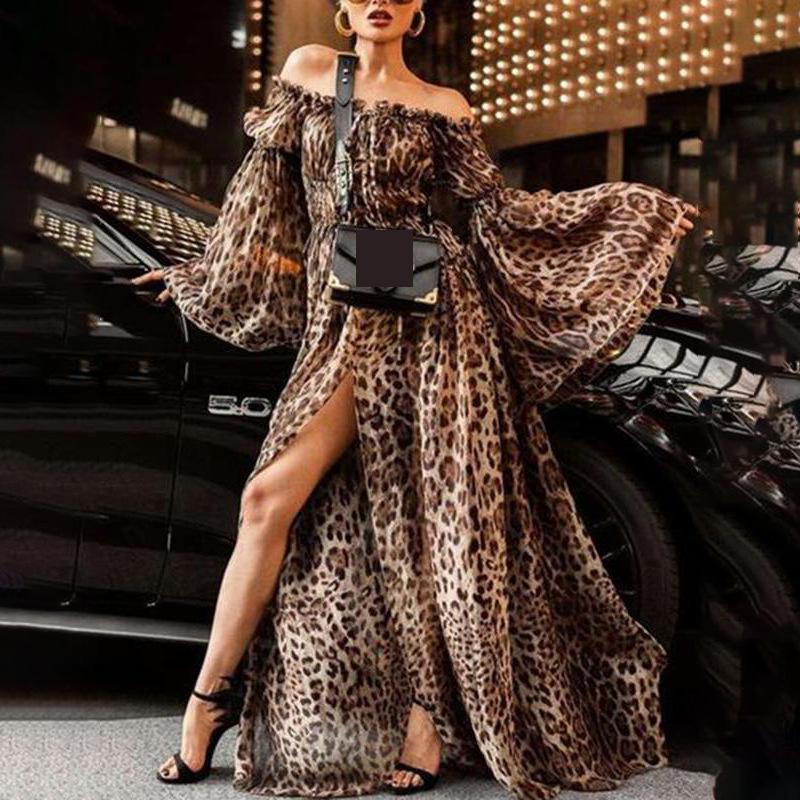 Women Dress Leopard Print Slash Neck Sexy High Waist Split Maxi Long Sleeve Loose Beach es Autumn 210524