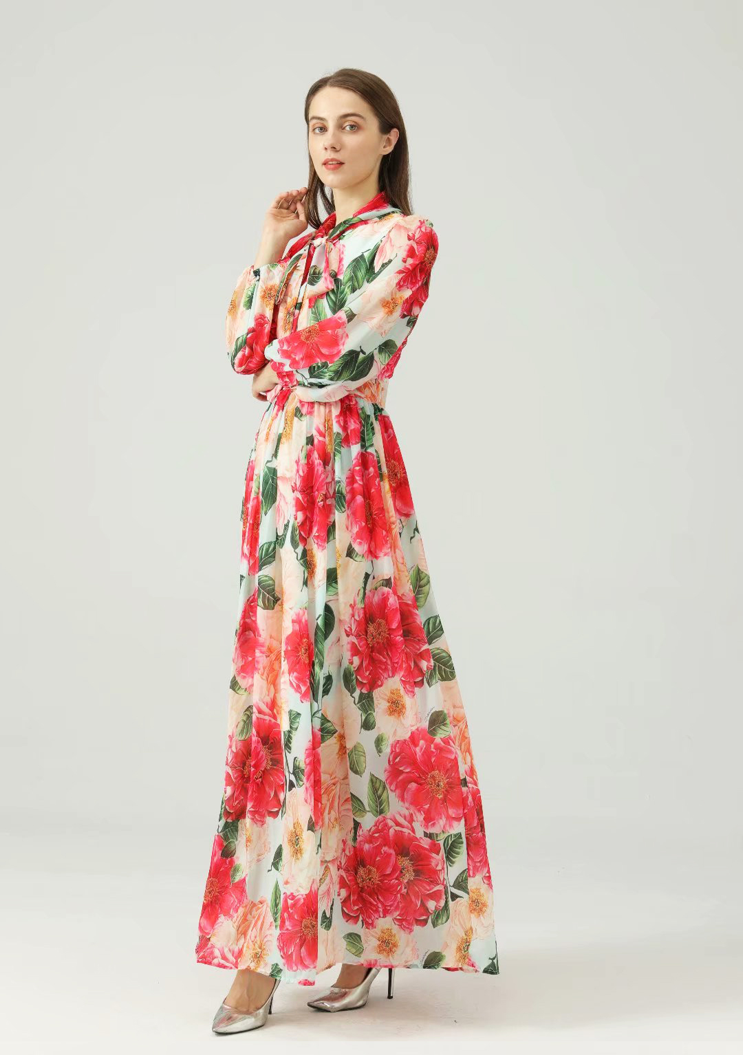 Women's Runway Dresses Lace Up Bow Collar Long Sleeves Floral Printed Elegant Maxi Dress Party Prom