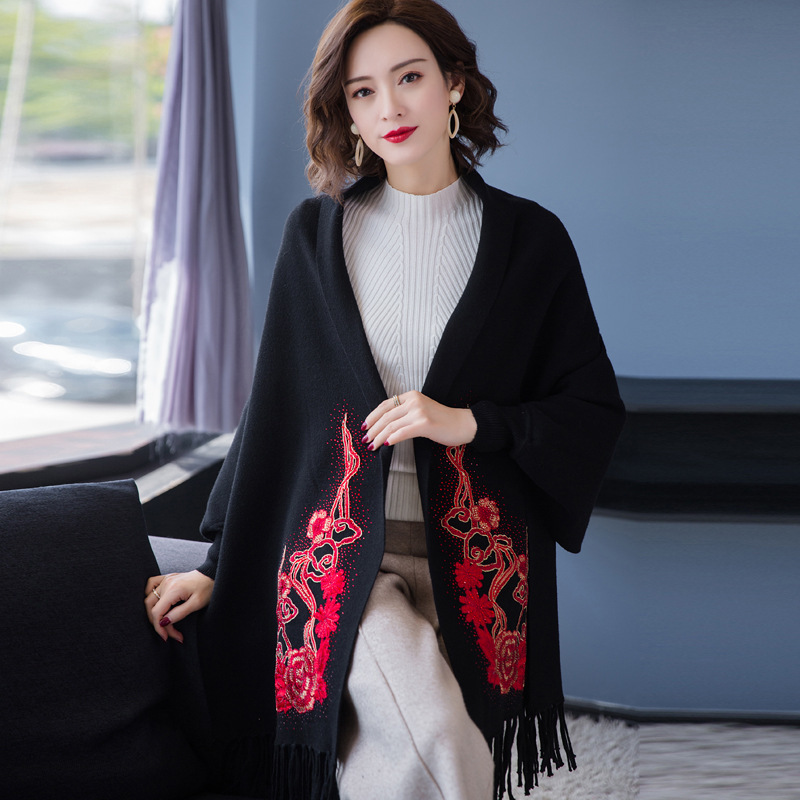 Women Autumn And Winter National Style Sleeves Cape Shawl Scarf Ladies Fringed Embroidered Cardigan 210427