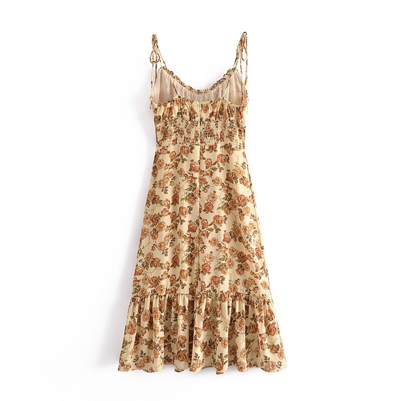 Holiday Summer Yellow Floral Print Sling Dress Sexy V Neck A-line Chiffon Long Bandage Adjust Spaghetti Strap Beach 210429