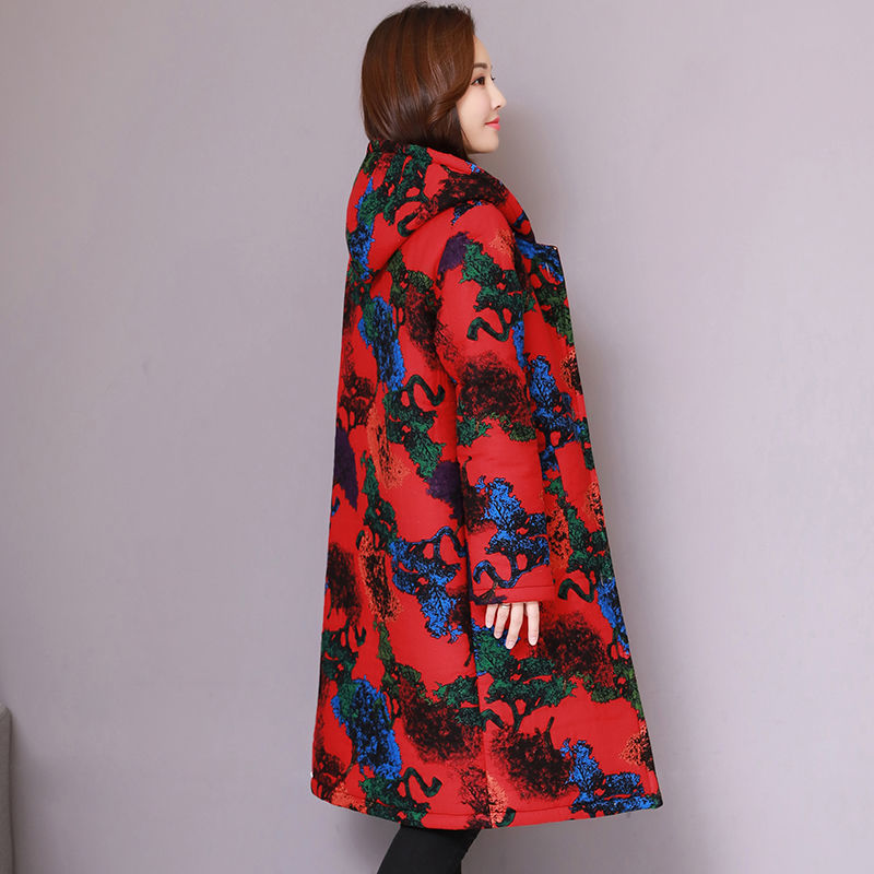National Style Winter Women Long Parkas Vintage Print Loose Hooded Coat thicken Cotton Warm Jacket Female Coats Plus Size D251 210512
