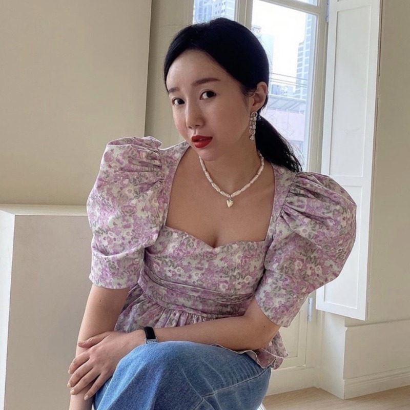 Nomikuma Korean Floral Women Tops Puff Sleeve Square Collar Blouse Shirt Summer Chic Slim Waist Ruffle Blusas Mujer 6G880 210427