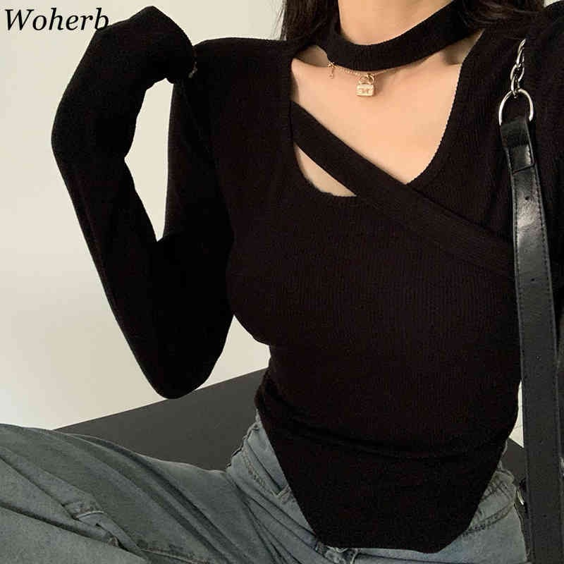 Slim Fit Basic Knitted T-shirt Women Halter Bandage Tops Long Sleeve T Shirts Korean Chic Ins Elegant Stretch Tees 210519