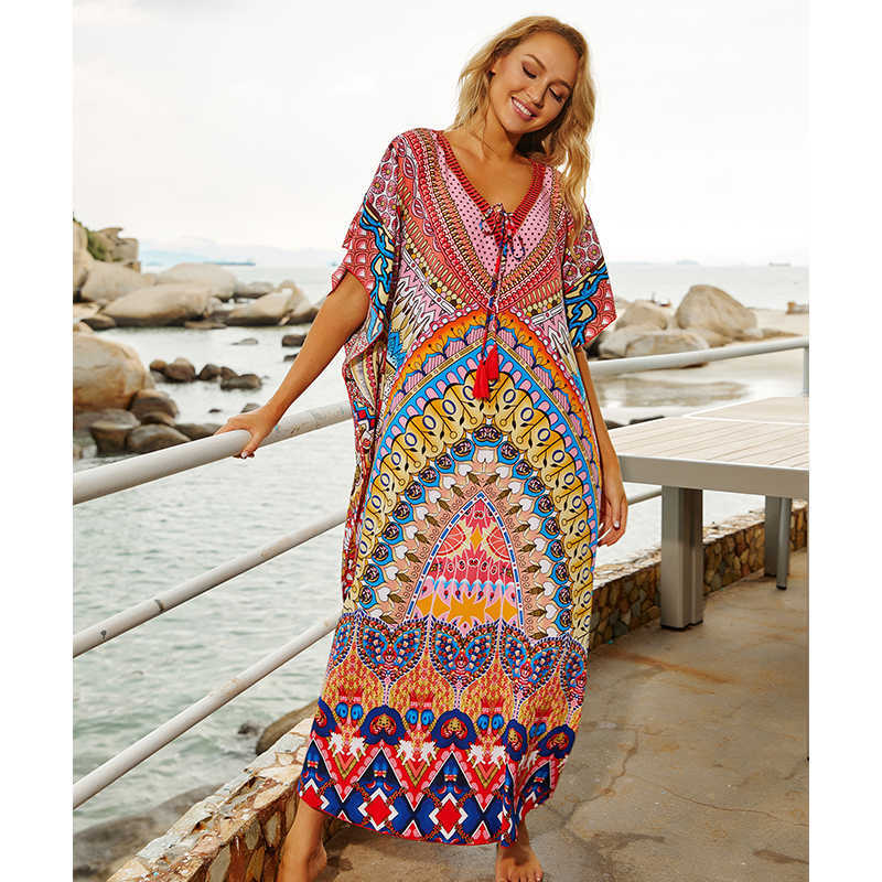 Quick-drying Bohemian Printed Loose Summer Beach Dress Moroccan Kaftan Women Plus Size Beachwear Tassel Midi Q897 210623