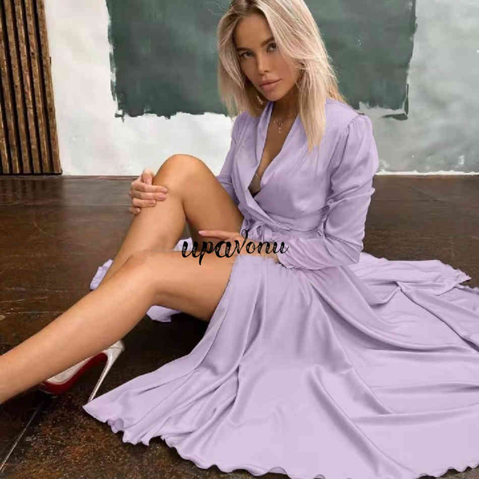 Free Elegant Women's Midi Dress Sexy V-neck Long Sleeve Belted Split Celebrity Club Party A Line Vestido 210524