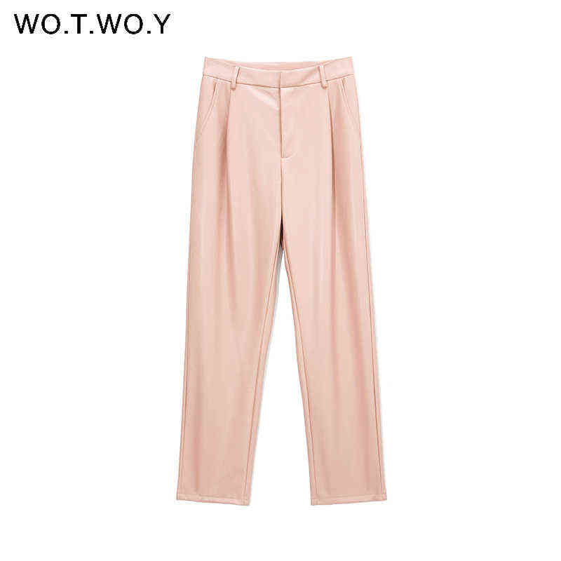 WOTWOY High Waist Loose Leather Pants Women Autumn Winter Fleece Zipper Fly Casual PU Trousers Female Solid 211115