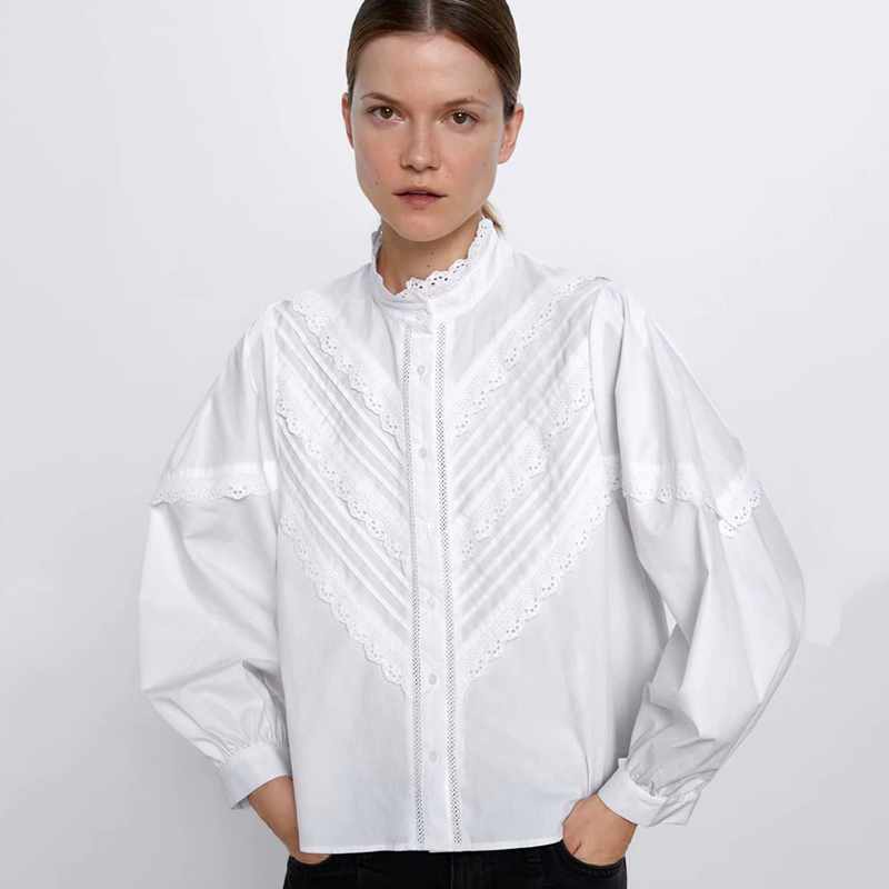 Chic Elegant Long Sleeve Button Up Women Shirt style Lace Mandarin Collar Ladies white Blouse Spring Female Clothing 210521