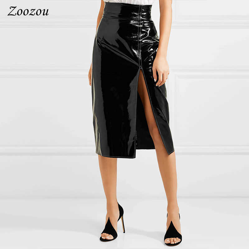 Sexy Black Split Side Patent Leather Pencil Skirt Women's High Waist Knee Length Elegant Office Lady's Latex Custom 210621