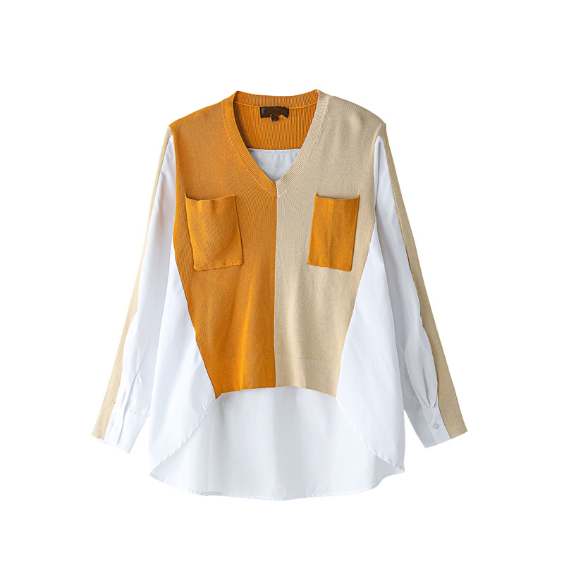 Nomikuma Spring Knitted Hit Color Patchwork Women Blouse Coat Long Sleeve V-beck Blusas Femme New Oversized Shirt 6F424 210427