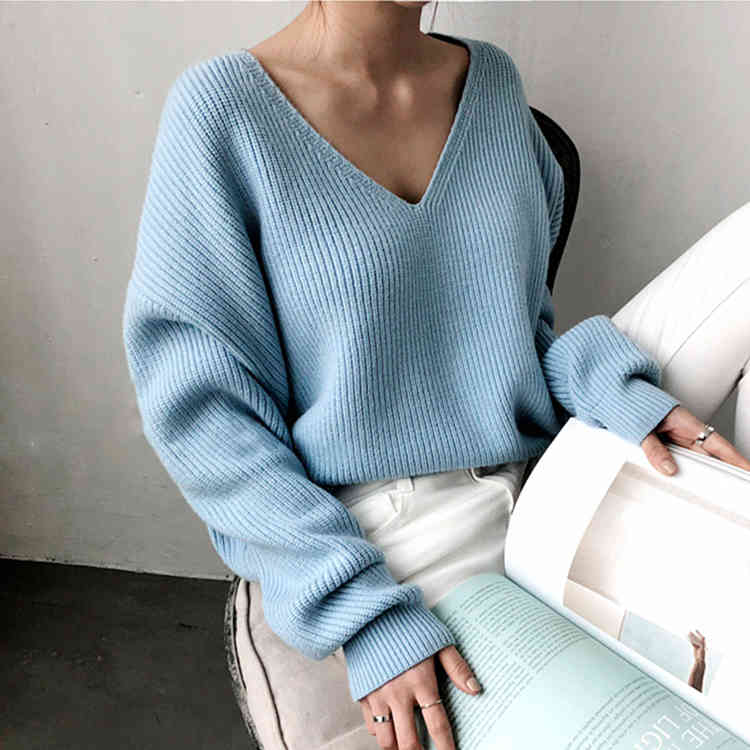 Autumn Winter Women's Sweaters V-Neck Minimalist Tops Korean Style Chic Knitted Casual Lazy Loose Sweater For Women 210521