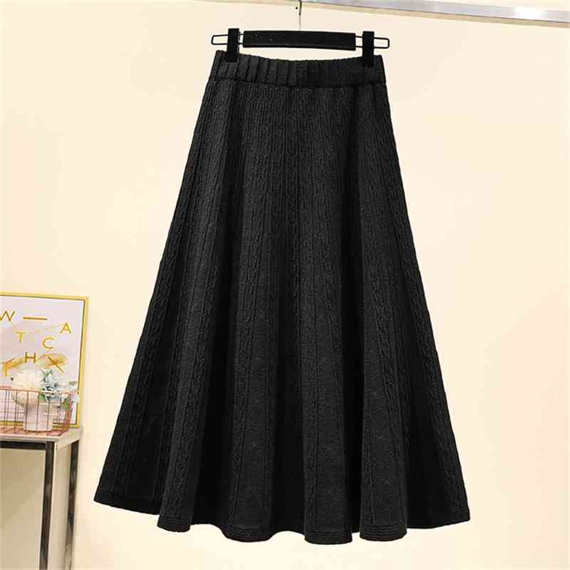 Vintage Winter Women thick sweater skirt Elastic High Waist Pleated Midi knitted Skirt female solid Plus size elegant Skirts 210520