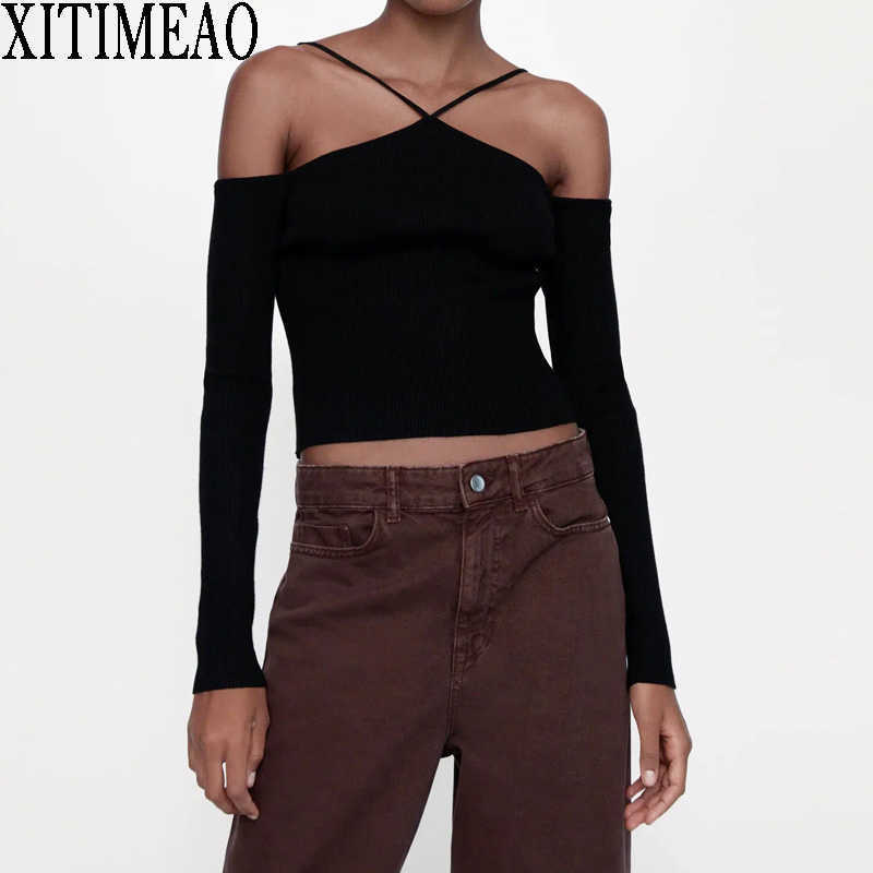 ZA Sexy Black Off Shoulder Long Sleeve Thin Sweater Women Knitted Pullovers Slim Strapped Pullover Tops 210602
ZA Sexy Black Off Shoulder Long Sleeve Thin Sweater Women Knitted Pullovers Slim Strapped Pullover Tops 210602