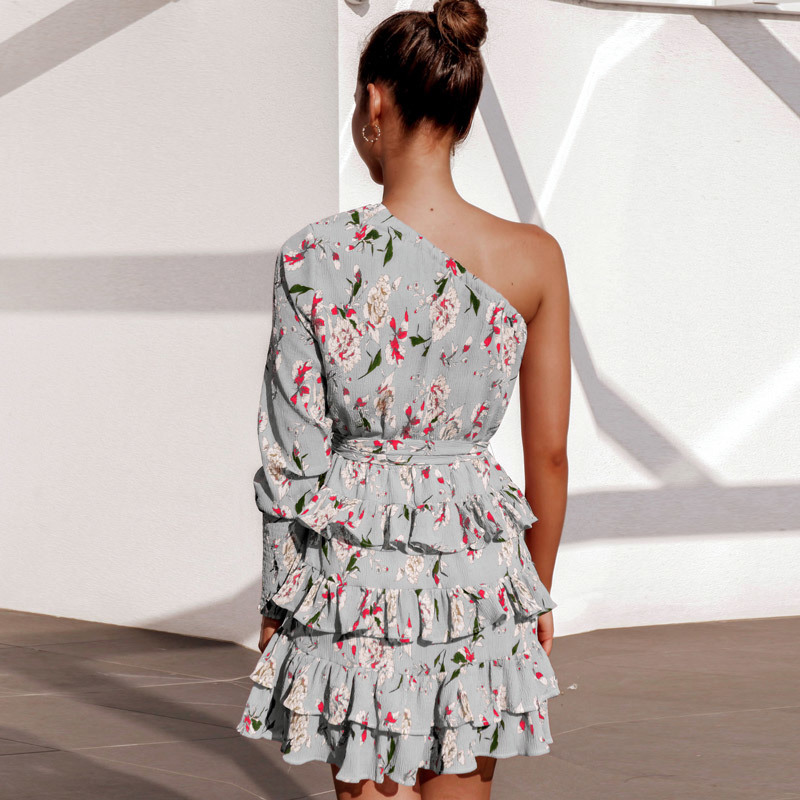 Summer Boho Beach Dress Women Long Sleeve One Shoulder Floral Print Chiffon Party Elegant Ruffles Sexy Mini Robe Ete 210515