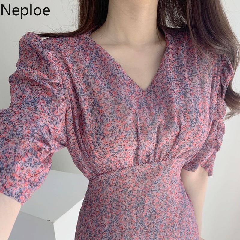 Neploe Summer Dress Women V-Neck Temperament Floral Chiffon Vestidos Mujer Korean Slim Short-sleeved Bodycon Fishtail Dresses 210422