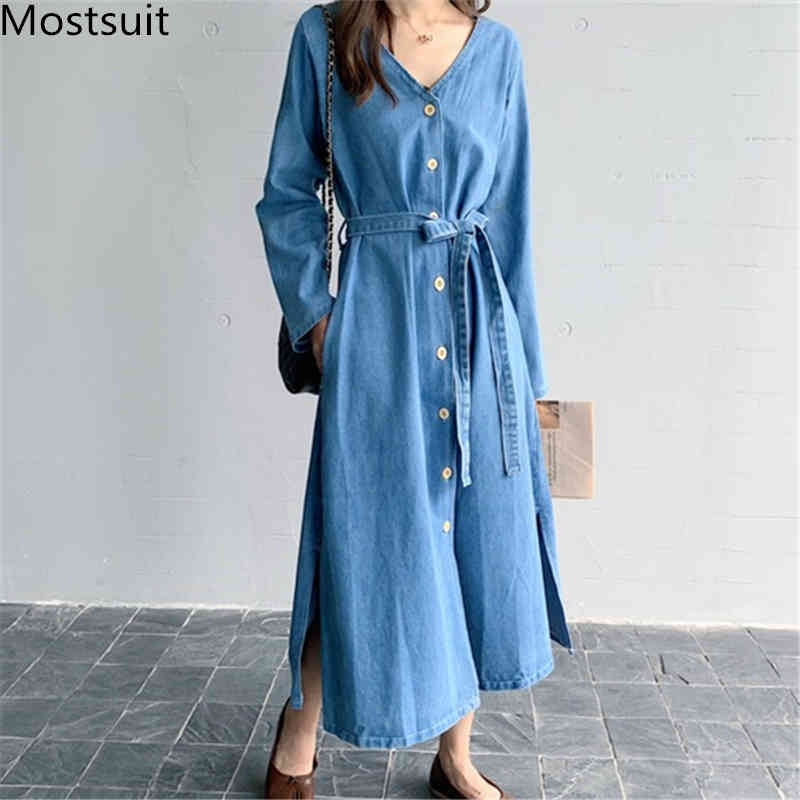 Blue Denim Women Long Dress Sleeve V-neck Lace-up Bow Single Breasted Dresses Fashion Casual Korean Vestidos Mujer 210518
Blue Denim Women Long Dress Sleeve V-neck Lace-up Bow Single Breasted Dresses Fashion Casual Korean Vestidos Mujer 210518