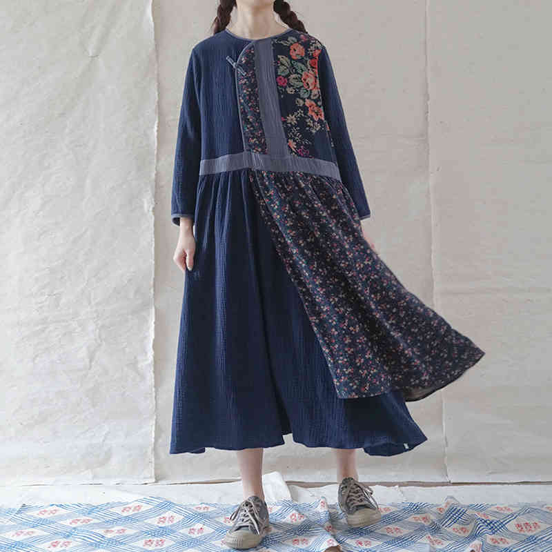 Johnature Women Vintage Patchwork Floral Dresses Double Cotton Loose Robes Spring O-Neck Long Sleeve Chinese Style Dresses 210521, Blue
Johnature Women Vintage Patchwork Floral Dresses Double Cotton Loose Robes Spring O-Neck Long Sleeve Chinese Style Dresses 210521, Blue