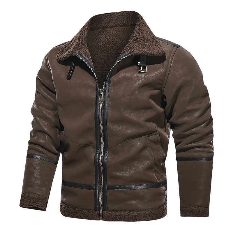 Men's Fleece Liner Leather Jackets winter Casual Fur Collar PU Biker Leather Jackets lapel Slim Thick Warm Coats Windbreakers 210603