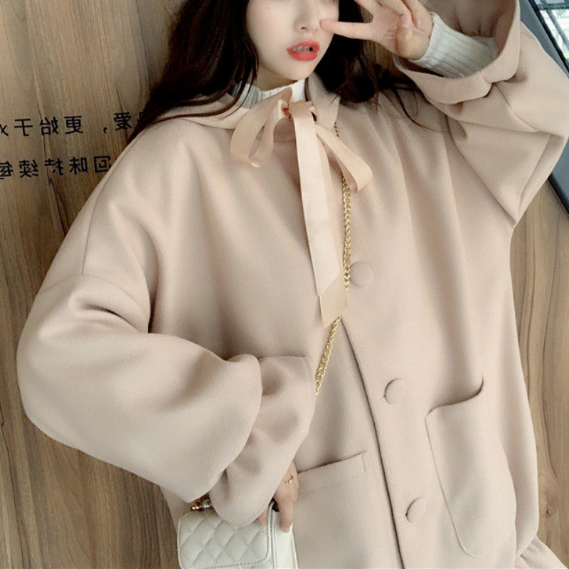 Warm Wool Coat Vinter Sweet Bow Patchwork Trench Long Female Casual Button Japanese Kawaii Thick s 210510