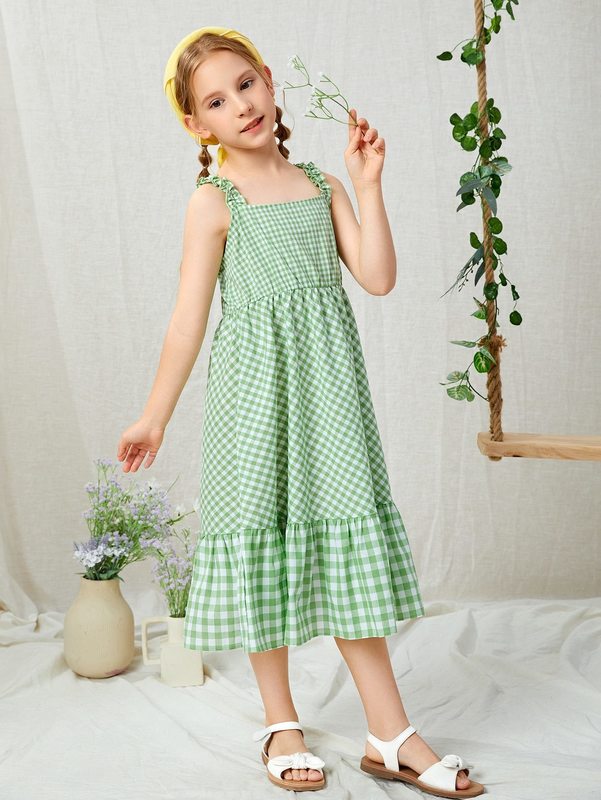 Girls Gingham Print Ruffle Hem Dress SHE