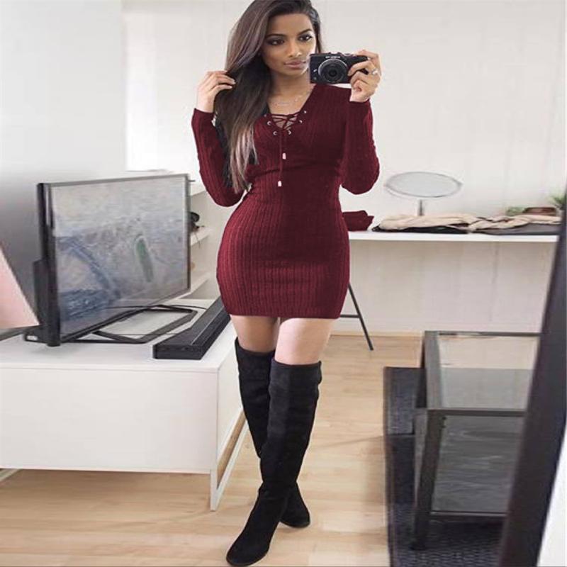 Autumn Slim Winter Short Dress Bandage Long Sleeve Y-Neck Sheath Sexy Bodycon Party Club Solid Women Sweater Dresses Casual