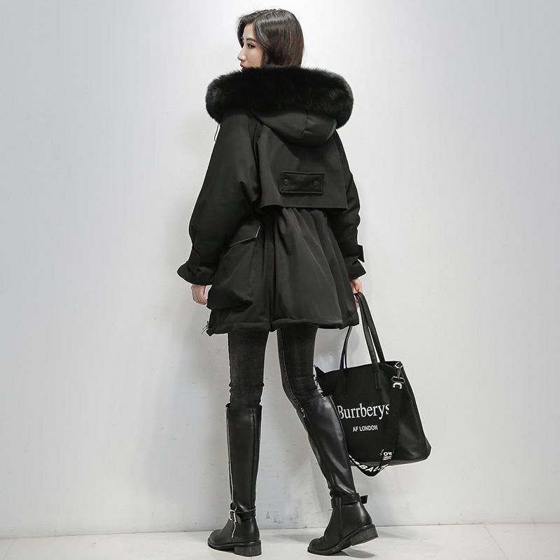 Black Hooded Long-sleeved Fur Collar Winter Warm Chic Female Coat Korean Style Long Fashionable Loose Chic Women's Down Jacket 210507