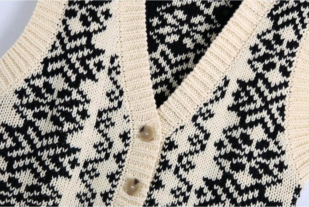 90's Vintage Geometric Flower Knitted Sweater Vest Preppy Style Korean Clothing V Neck Sleeveless Cardigan Y2K Knitwear 210429