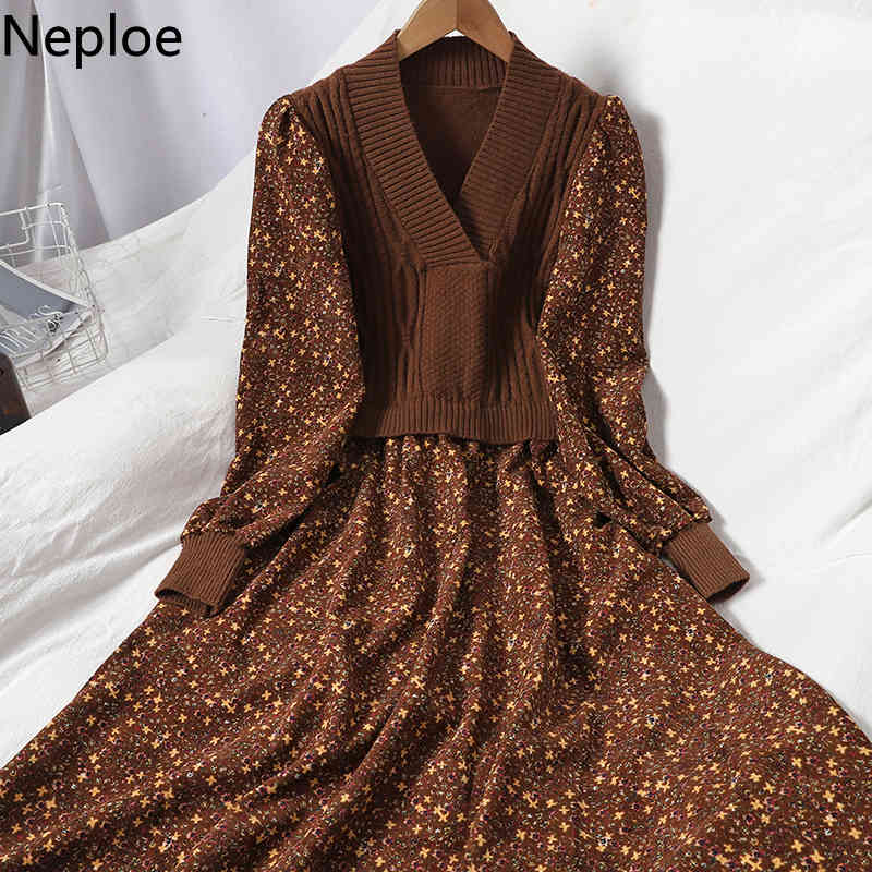 Neploe Patchwork Knitted Ribbed Dresses for Women Sweet Floral Corduroy Korean Vestidos V-neck Puff Sleeve Slim Robe Dress 4G411 210422