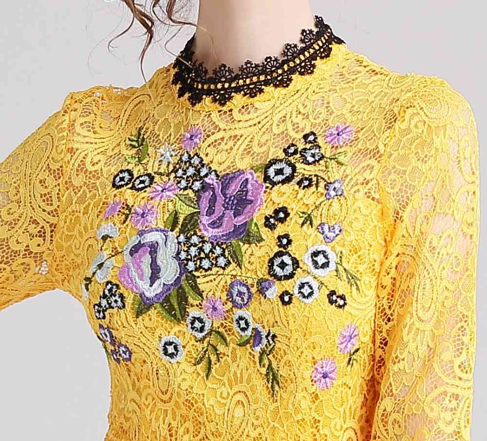 Yellow Lace Dress Summer Women's Elegant Embroidered Flowers Office Casual Slim Sexy Party Dresses Vestidos 210520