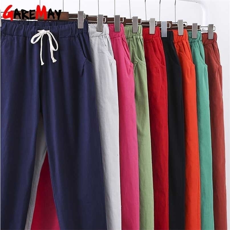 Women Casual Long Ankle Length Trousers Summer Autumn Plus Size Elastic Waist Soft High Quality Cotton Linen Pants S-XXXL 211115