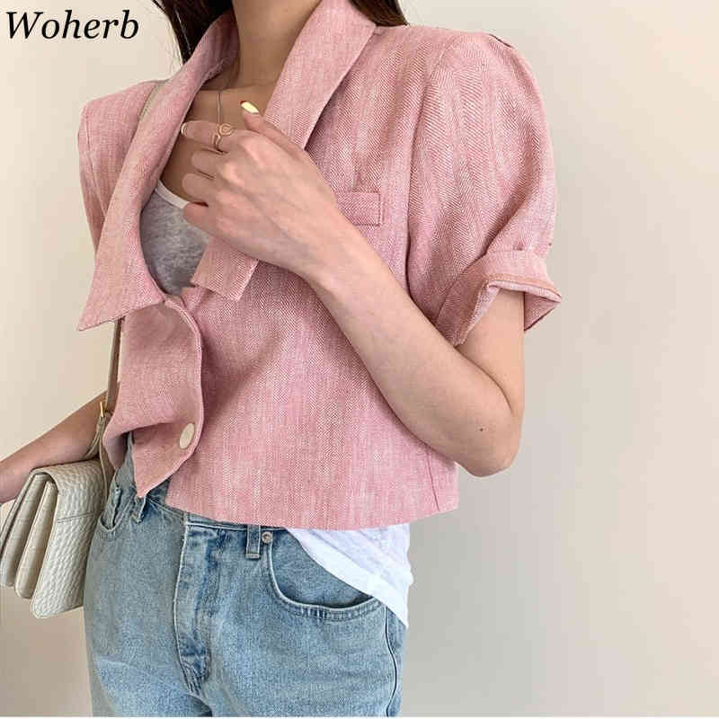 Women Summer Vintage All-match Outwear Korean Fashion Casual Short Sleeve Single Breasted Jacket Chic Coat 210519