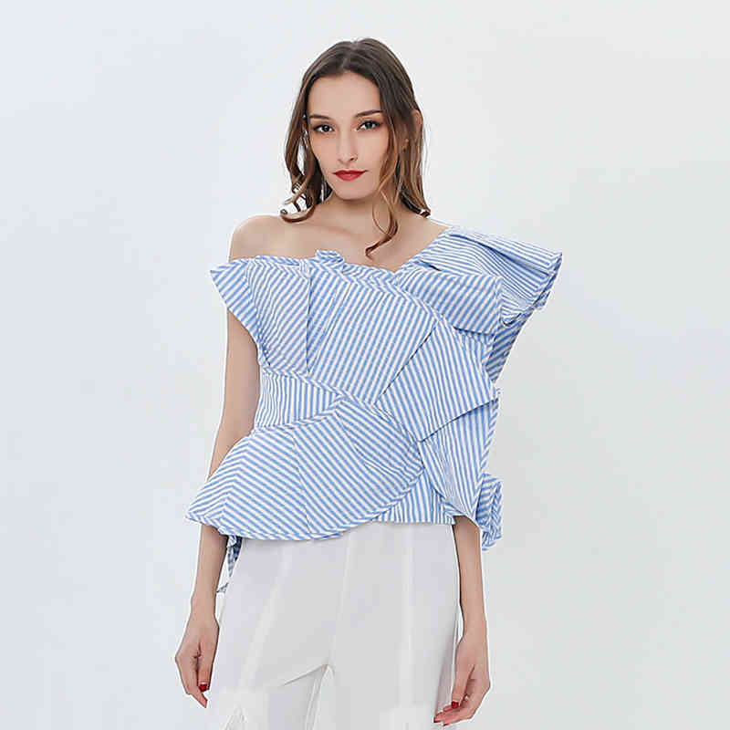 Asymmetrical Striped Shirt For Women Slash Neck Sleeveless Patchwork Ruffle Short Blouse Female Fashion Clothes 210524