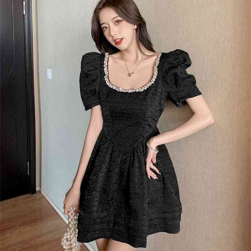 Fashion Women Sweet Dresses Summer White Puff Sleeve Diamond Square Collar High Waist Slim Dress 210519