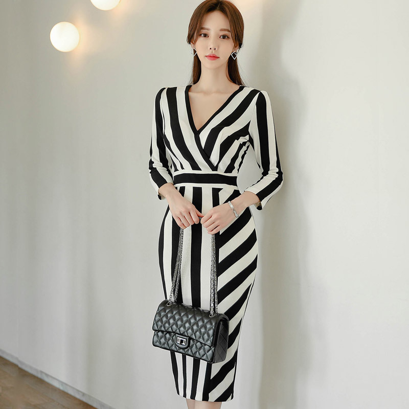 Summer Retro Striped Print Vestidos Sexy Dress Women Office Work Tunic Bodycon Sheath Casual Pencil Dresses 210506