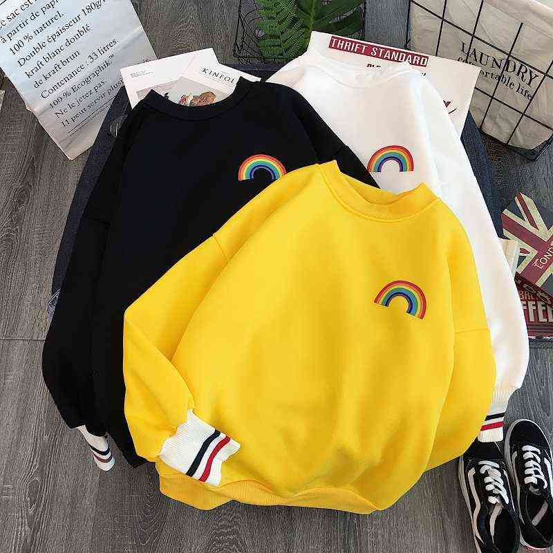 winter Rainbow embroidery fleece Hoodies Women korean Kawaii Sweatshirts Usagi 90s Aesthetic oversized hoodie girls Streetwear 211109