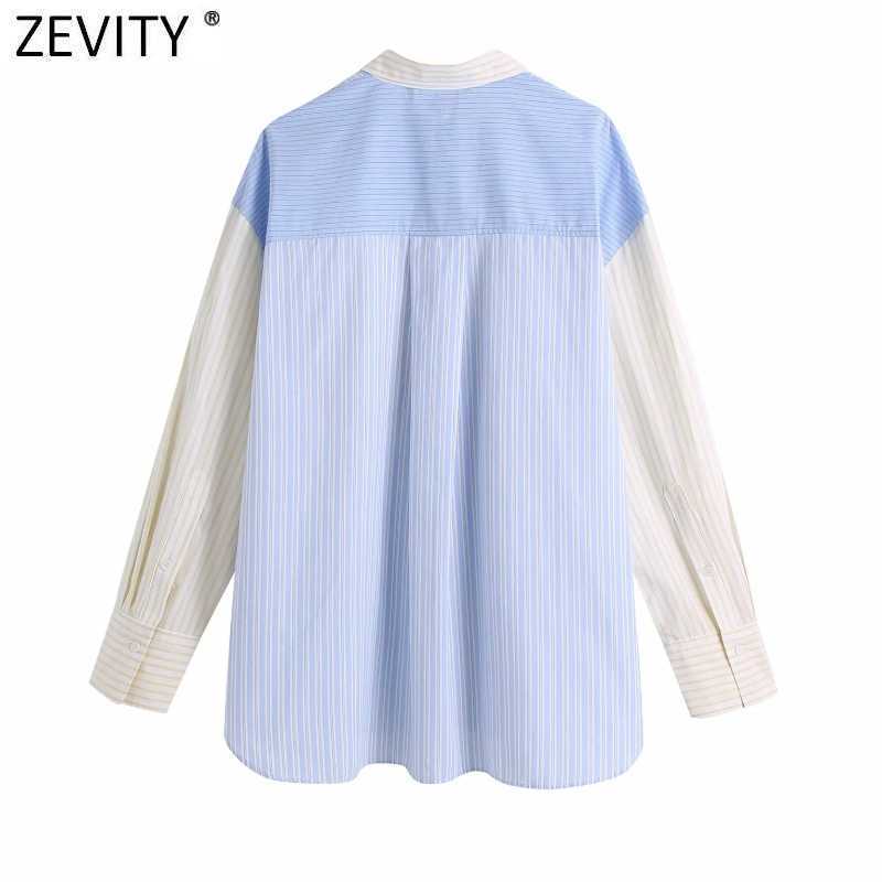 Zevity Women Fashion Striped Print Patchwork Shirts Office Lady Long Sleeve Business Blouse Roupas Chic Chemise Tops LS9376 210603