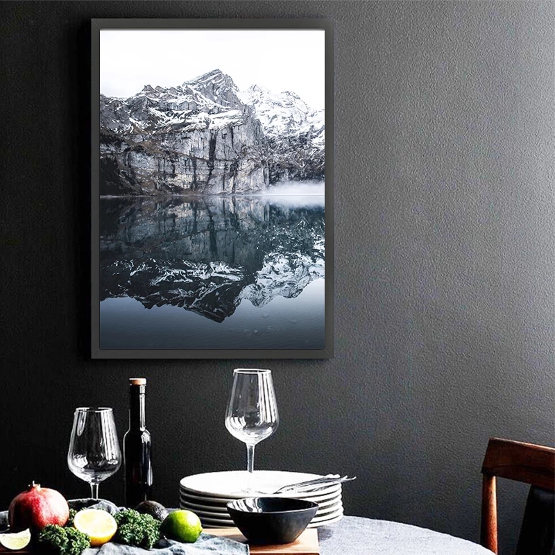 Mountain Lake Foggy Reflection Canvas Painting Nordic Nature Landscape Posters and Prints Wall Art Picture Modern Bedroom Decor
