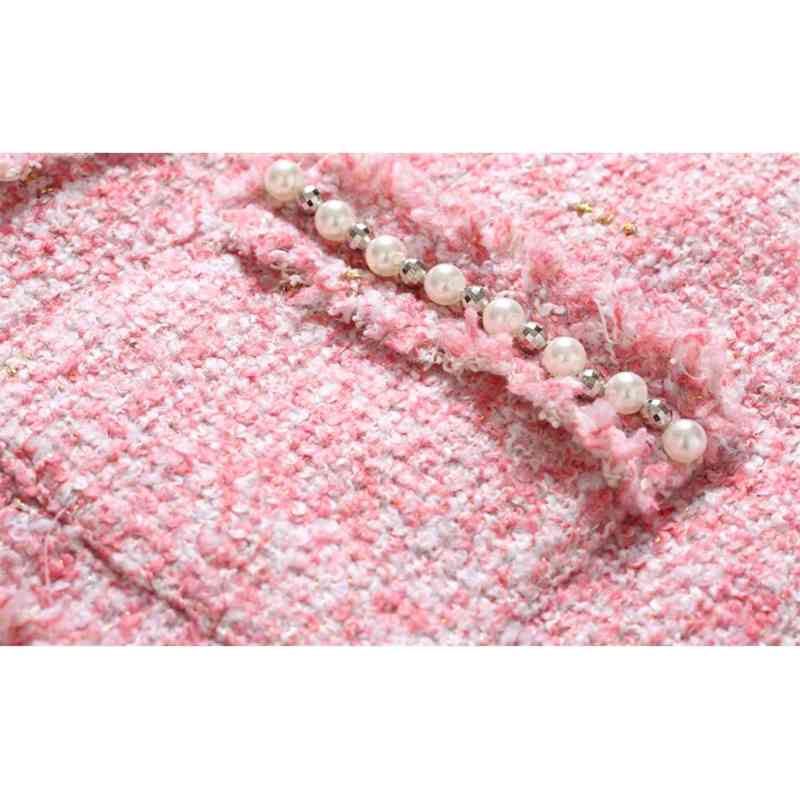 HIGH Quality Runway Winter Long Sleeve Beading Tweed Jacket Coat +Women Two Piece Skirt Set S-XXL 210520