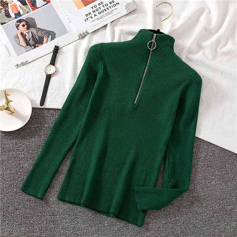 OCEANLOVE Zipper Half Turtleneck Sweater Women Solid Slim Autumn Winter Clothes Sueter Mujer Basic Fashion Pullovers 12605 211109