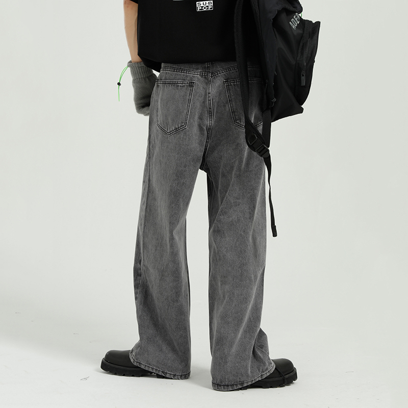 IEFB Loose Straight Wide Leg Pants With Belt Black Grey Jeans For Men Causal Loose Vintage Streetwear Denim Trousers 210524