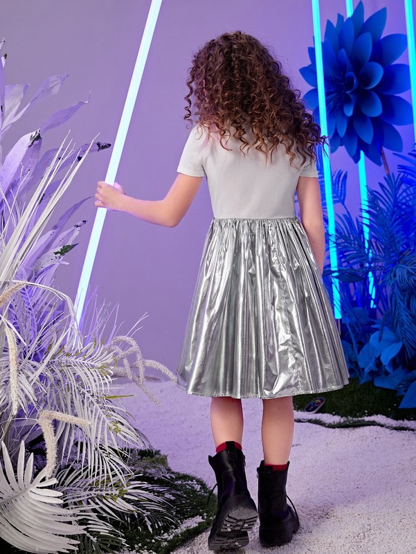 Girls Slogan Graphic Metallic Dress SHE