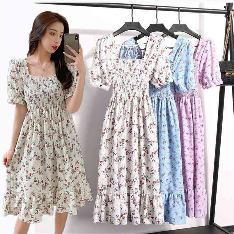 Women's High Waist Pleated Floral Printed Dresses Summer Short Sleeve Square Collar Midi Dress Female Backless Vestidos 210522