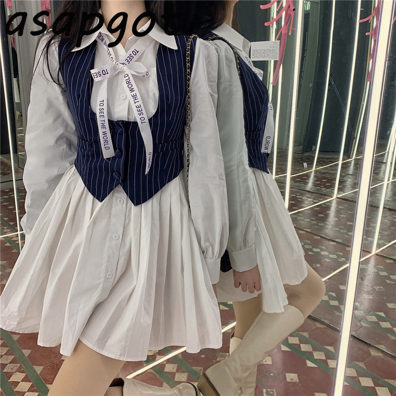 Chic Casual White Bow Puff Long Sleeve Turn Down Collar Shirt Dress Mini with Blazer Vest Vintage Fashion 2piece Set Korean Wild 210429