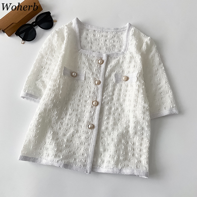 Short Sleeve Blouses Women Elegant Single Breasted Slim Shirts Korean Square Collar Blusas Vintage Temperament White Tops 210519