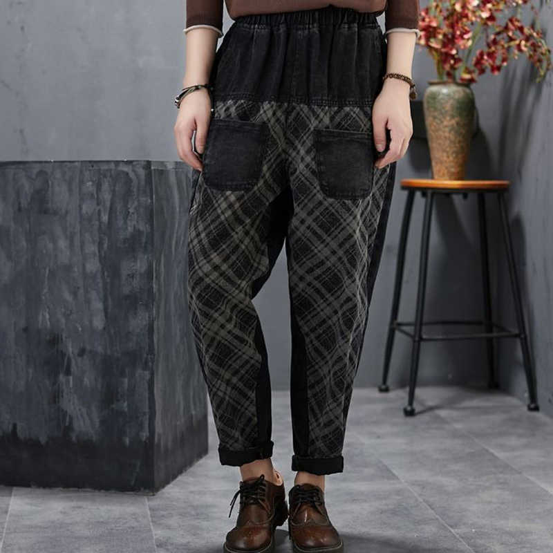 Autumn Arts Style Women Elastic Waist Loose Casual Jeans Splice Vintage Print Cotton Denim Harem Pants Female S264 210922