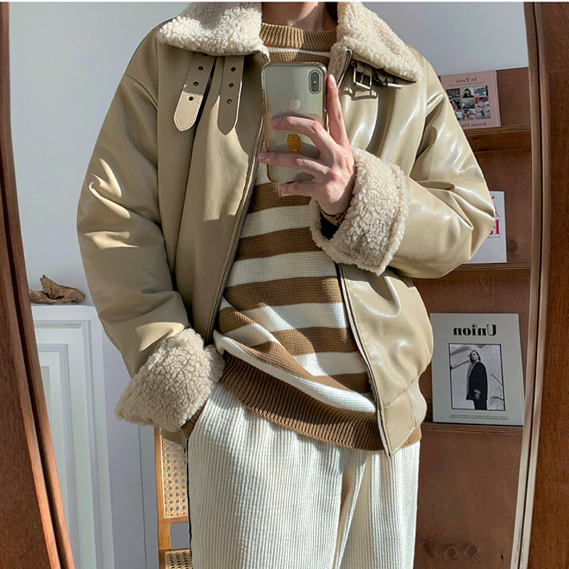 IEFB Korean lamb fur coat locomotive coat winter thickening plush cotton coat stand collar oversized loose vintage jackets Y4770 210524