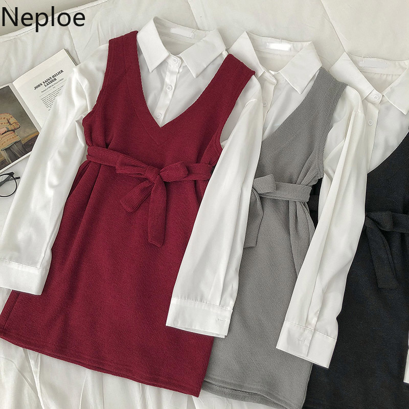 Neploe 2 Piece Set Women Fashion Suit Vintage Knitted Vest Dress Loose White Shirt Tops Femme Roupas Korean Two Piece Set 210422