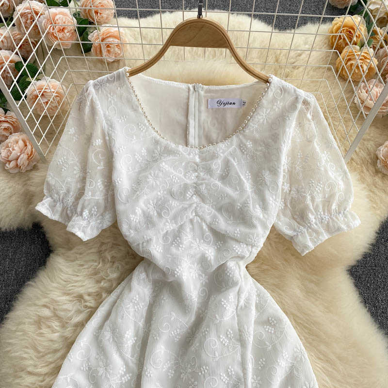 DEAT Women Split Slim Beaded Dress Round Neck Short Sleeve Arrivals Lady Temperament Fashion Spring Summer 11D597 210709