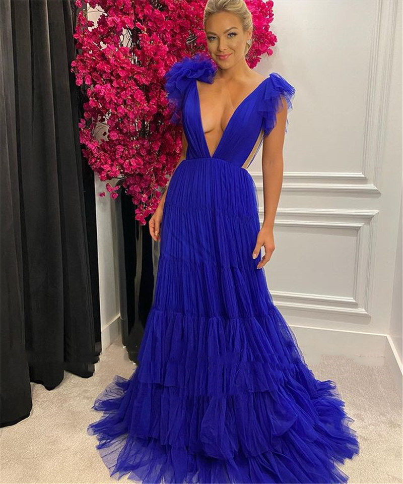 Sexy Backless Deep V Neck Prom Dresses Long Royal Blue Tiered Skirt Tulle Formal Evening Gowns A Line Special Occasion Dress Floor Length Red Carpet R