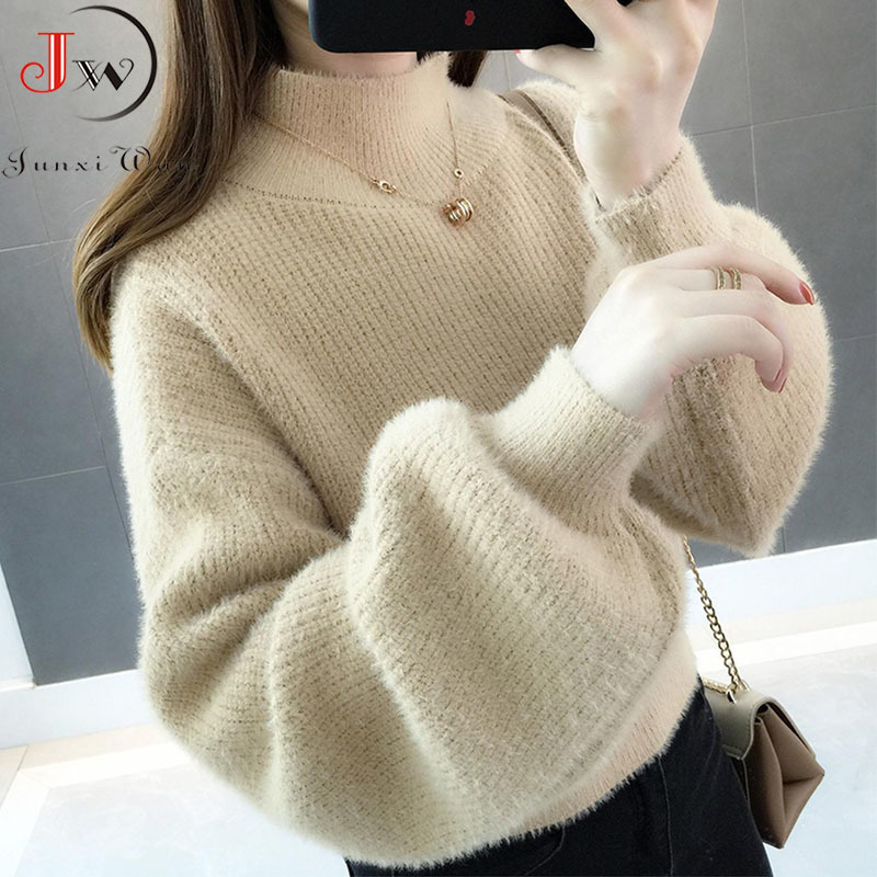 Thick Mohair Women Sweaters Turtleneck Soft Lantern Sleeve Short Pullovers Fashion Autumn Winter Sweater Solid Jumpers 210510