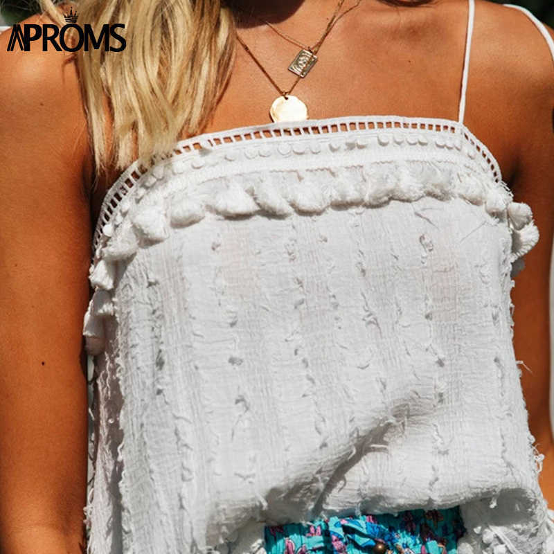 Aproms Boho Vintage Tassel Straps Tie Up Basic Camis Women Summer White Square Neck Tank Tops Cool Girls Festival Crop Top 210625